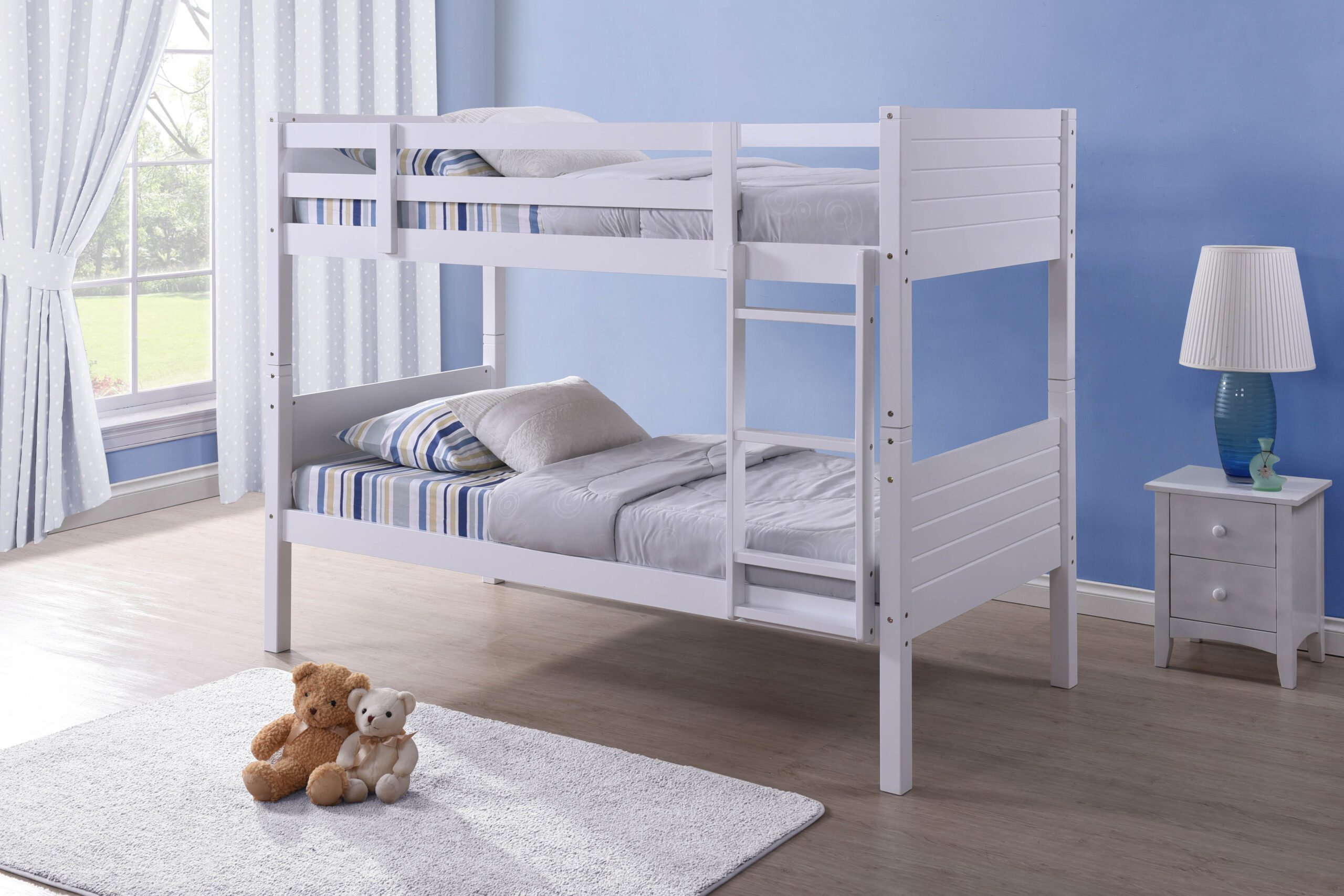 white wooden bunk beds with mattress